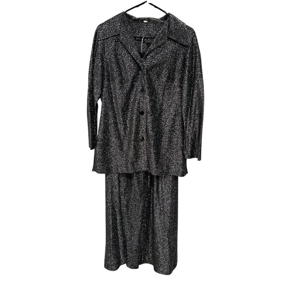 Vintage Black Silver Glittery Two-Piece Long Sleeve Top Palazzo Pants Set - Picture 1 of 12